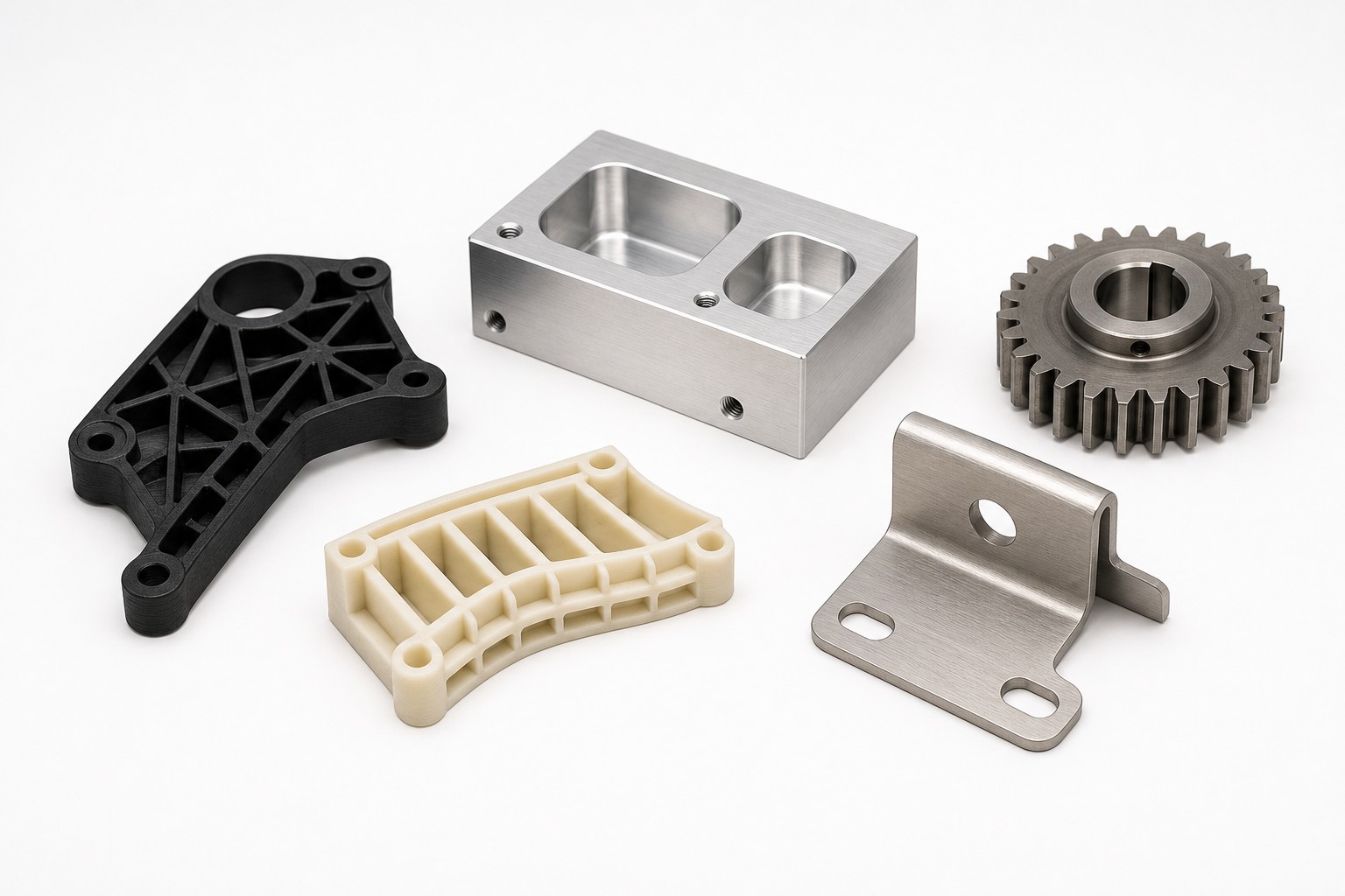 A group of CNC-machined, formed metal, and additive-manufactured parts